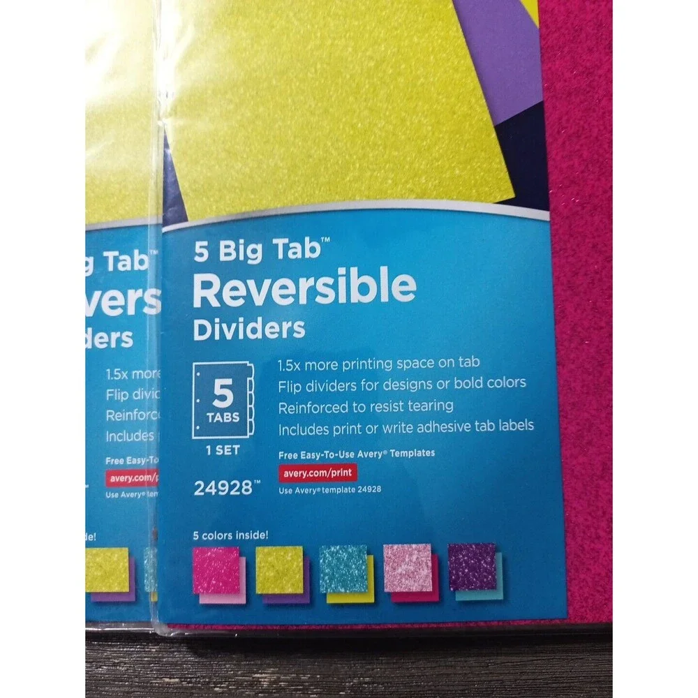Avery 5 Big Tab Reversible Glitter Sparkle Dividers 3 Packs Pink Purple Yellow